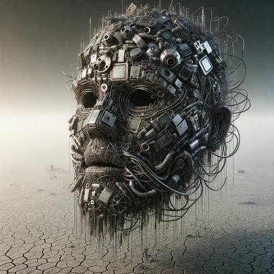 The primary subject of the image is a head with a lot of wires and electronic components attached to it. The head is surrounded by a lot of wires, giving it a futuristic and technological appearance. The setting is a dirt field, which adds to the overall atmosphere of the image. The visual style of the image is a combination of photo and digital art, creating a unique and intriguing representation of the head. The colors and mood of the image are predominantly dark and mysterious, with the wires
